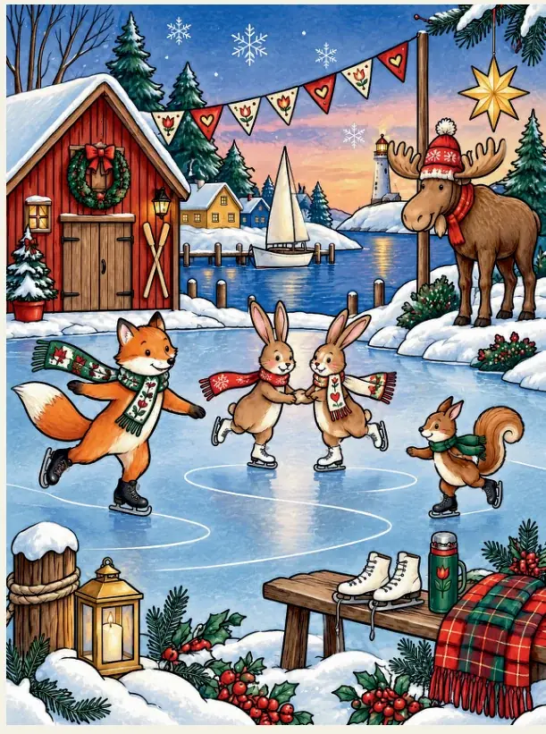 Printed rear-cover illustration of Whimsy Harbor's snowy waterfront with animals skating near the cottages