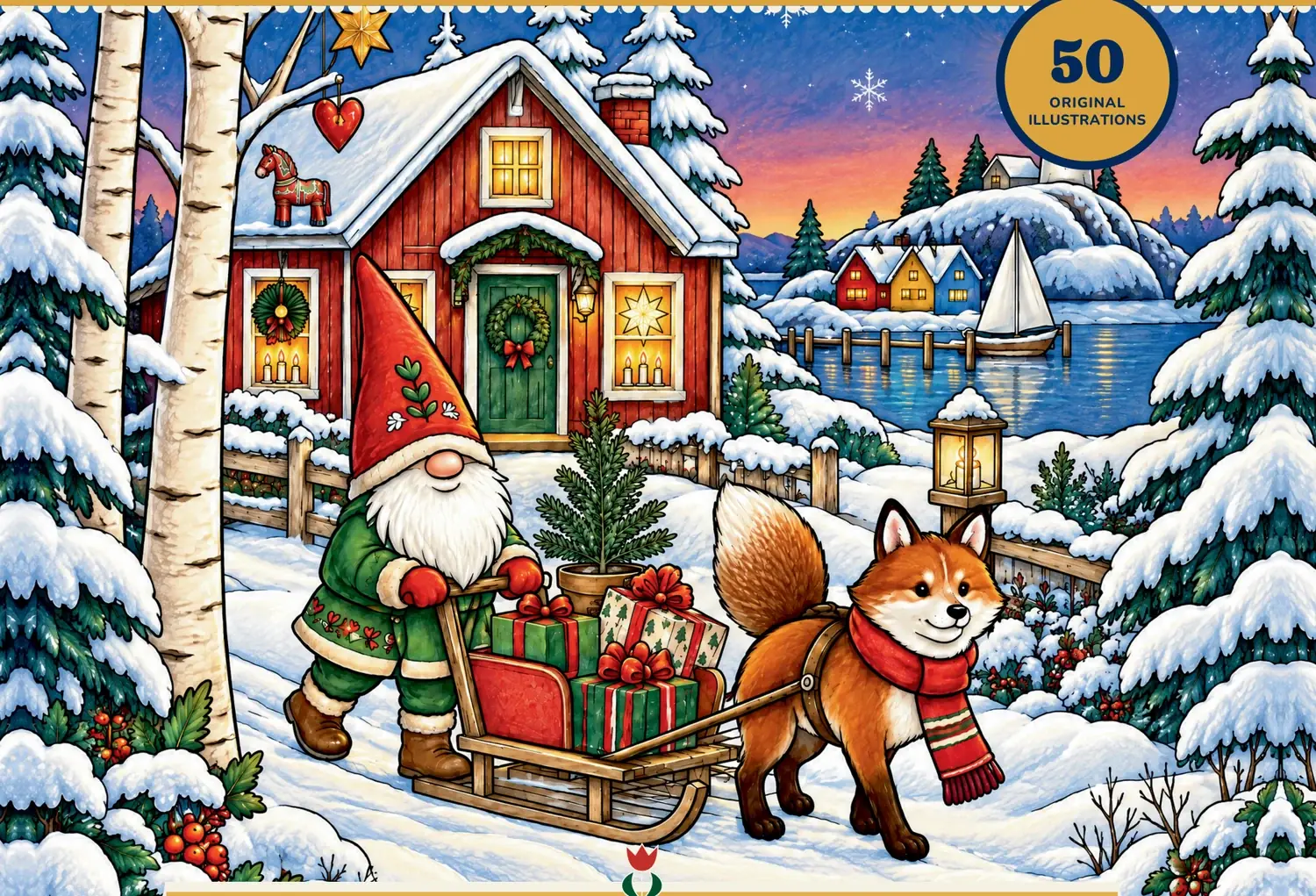 Official Whimsy Harbor Christmas cover art showing a cozy red lakeside cottage, snowy trees, a gnome, a fox and a lighthouse beyond the harbor